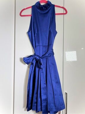 Kate Spade Royal Blue satin ruffle bow midi dress